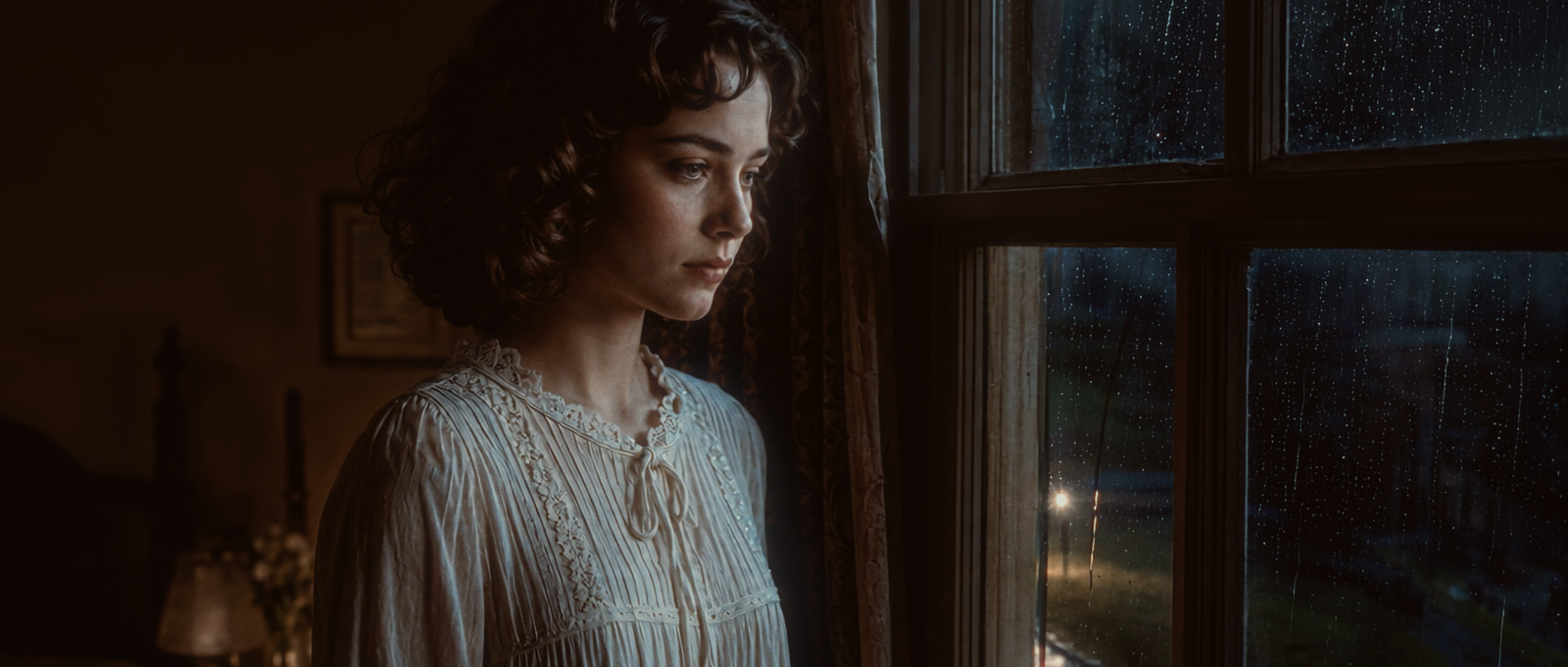 Helen looking through a rain-streaked window at night.
