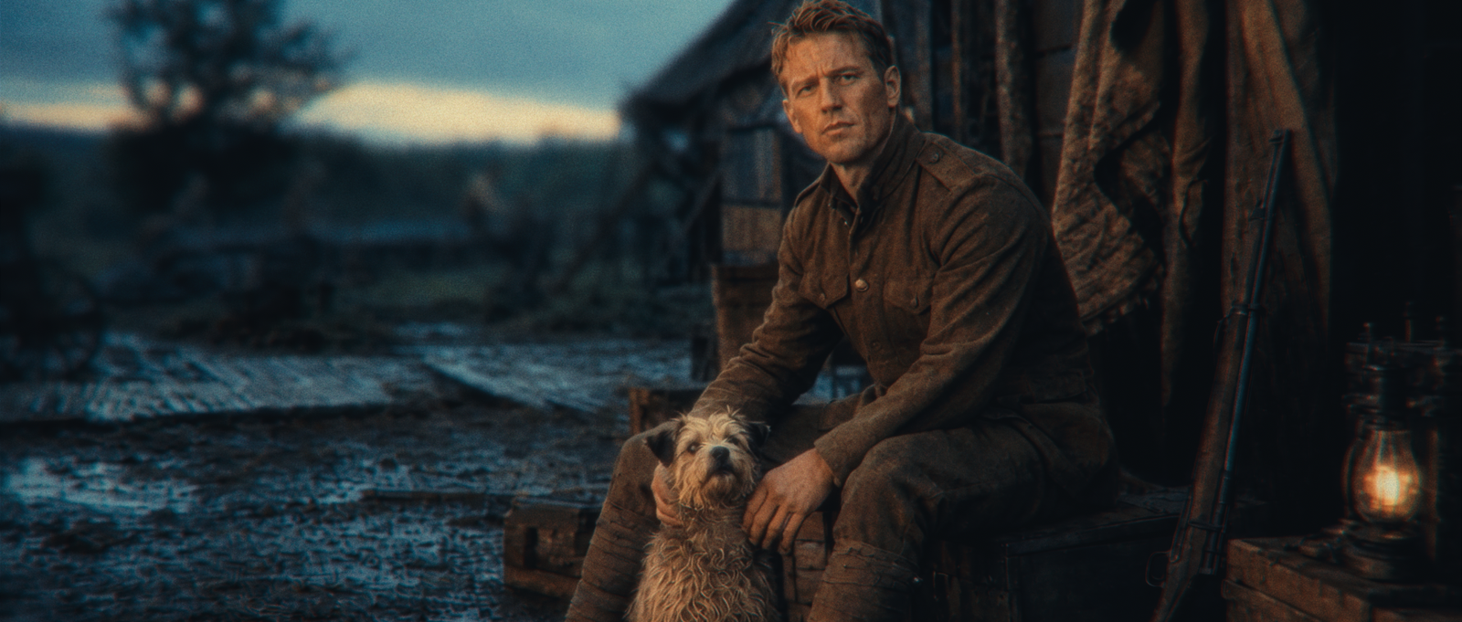 An American soldier seated beside Rags on a devastated First World War battlefield at sunset.