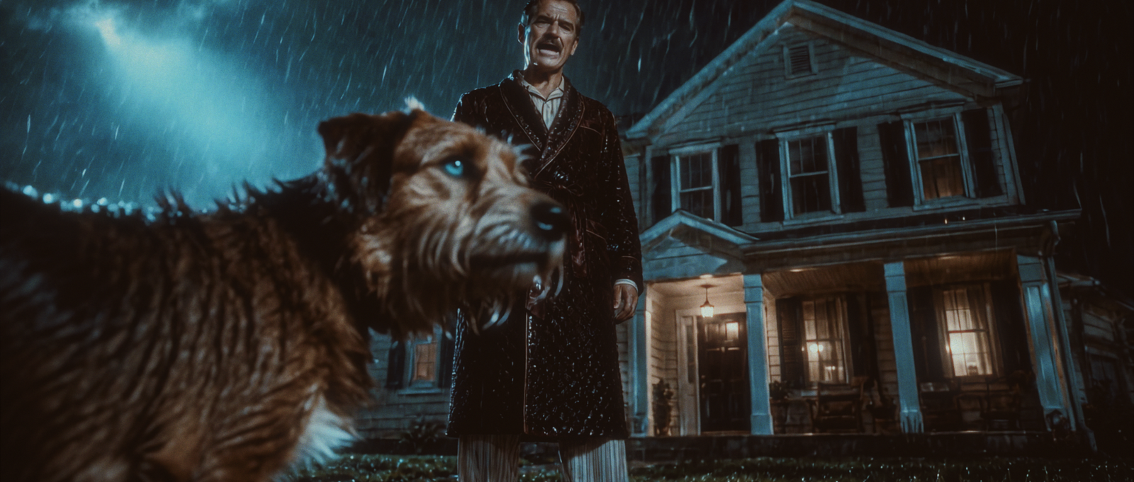 Rags and Major Hardenbergh in a thunderstorm outside a house.