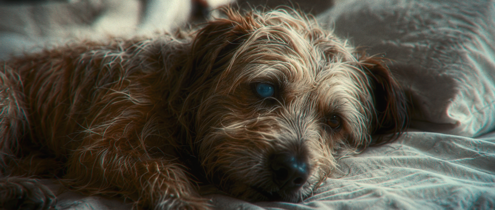 Rags lying on a hospital bed with one clouded eye.