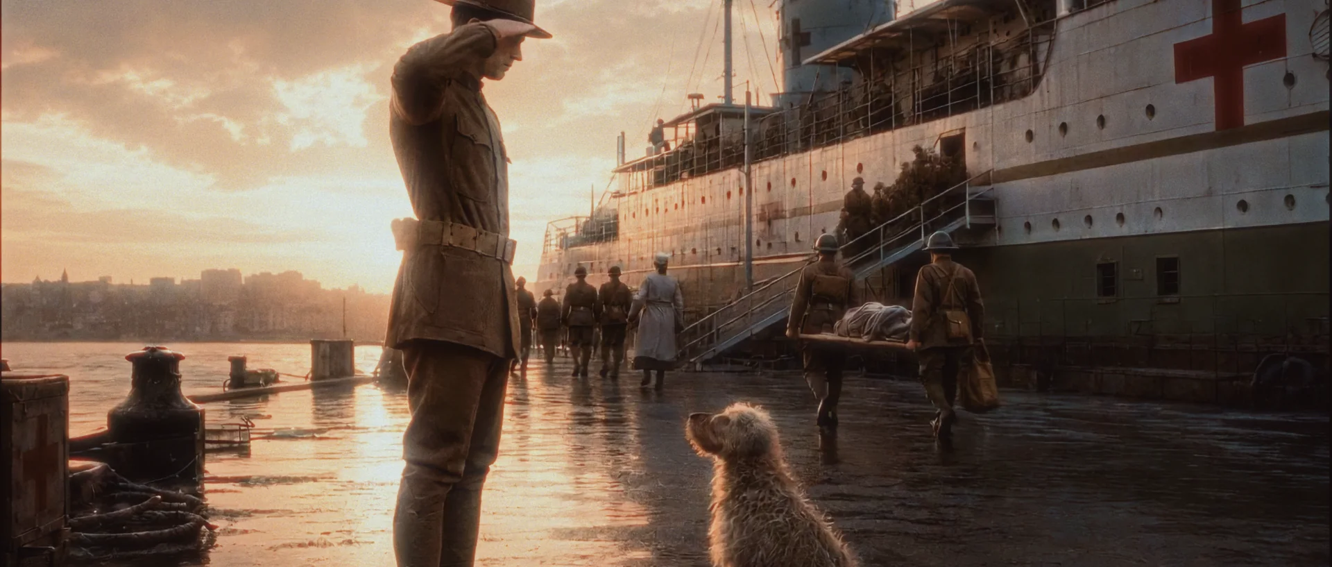 Rags looking up at a saluting soldier beside a hospital ship