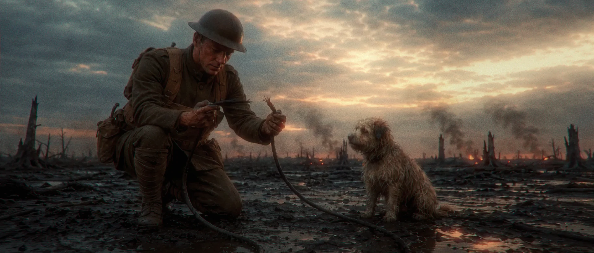 Donovan repairing a broken communication wire beside Rags
